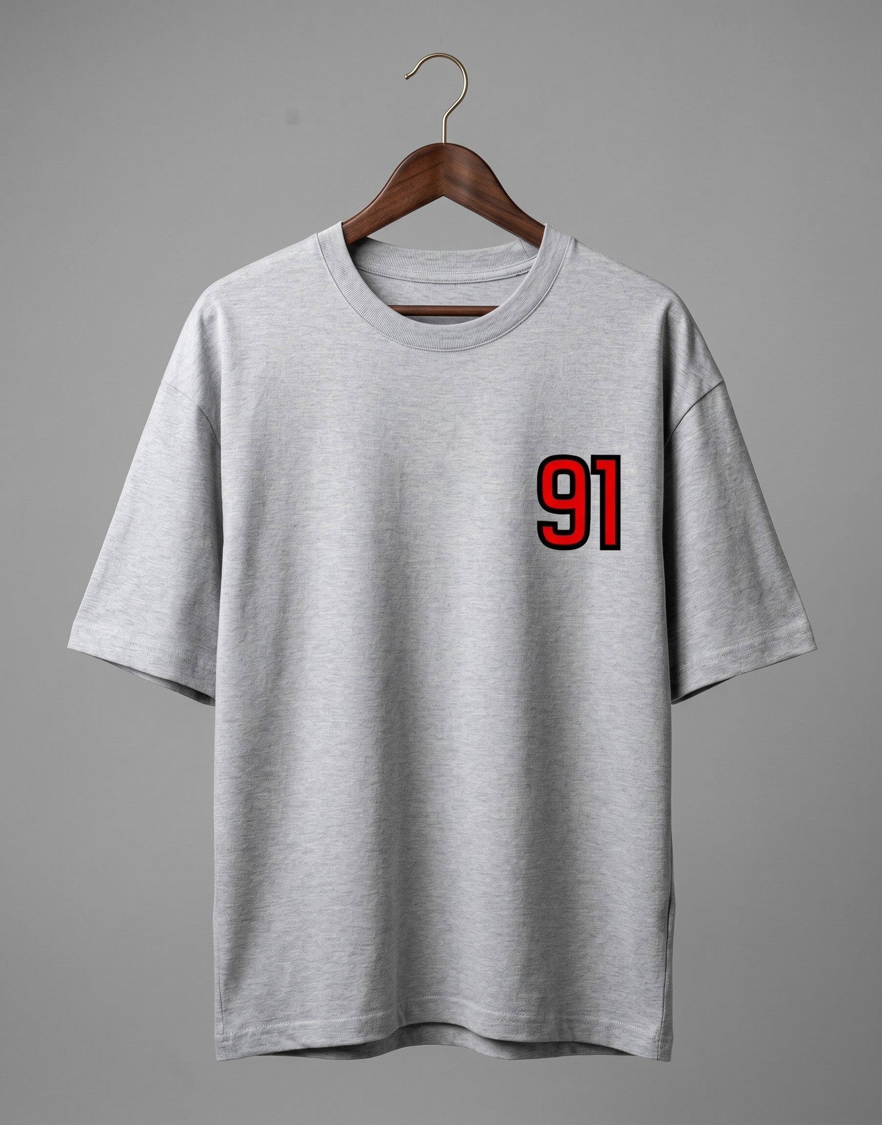 Tribe Neo 91 grey heavyweight cotton oversized t-shirt with red and black 91 left chest print on a wooden hanger