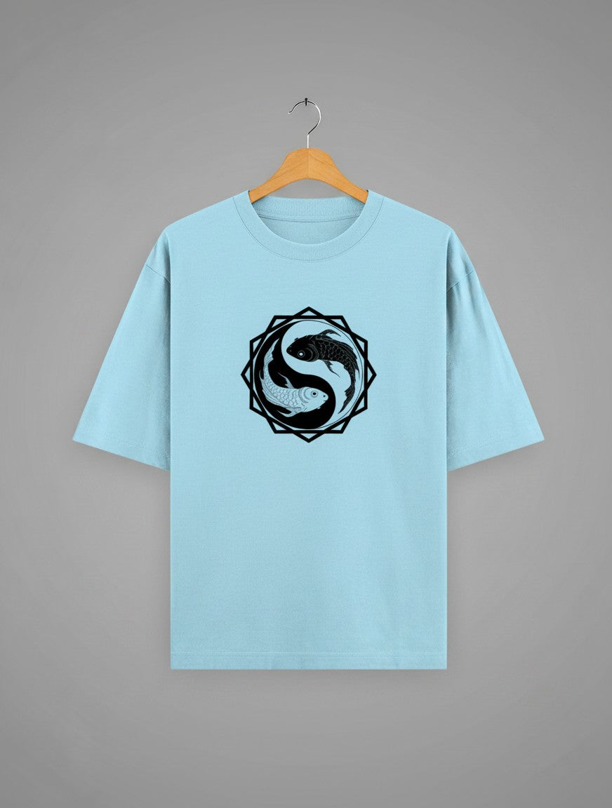 Tribe Neo 91 light blue oversized cotton t-shirt with a black and white koi fish yin yang graphic in an octagon frame