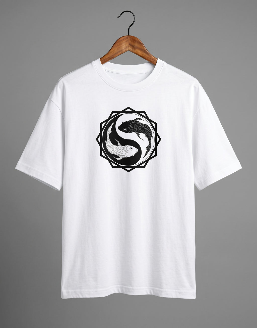 Tribe Neo 91 white oversized cotton t-shirt featuring a black and white koi fish yin yang graphic in an octagon frame.
