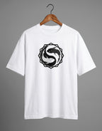Tribe Neo 91 white oversized cotton t-shirt featuring a black and white koi fish yin yang graphic in an octagon frame.