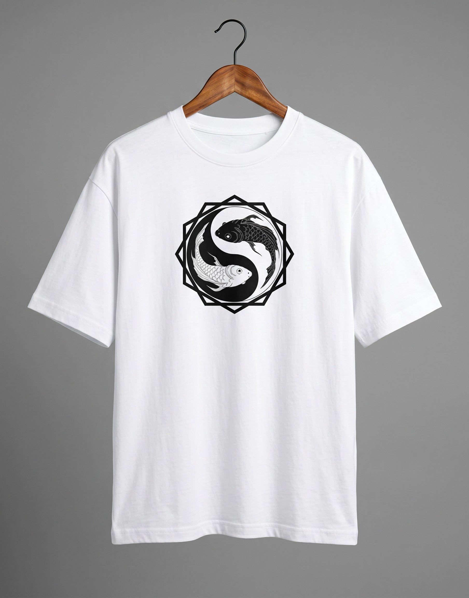 Tribe Neo 91 white oversized cotton t-shirt featuring a black and white koi fish yin yang graphic in an octagon frame.