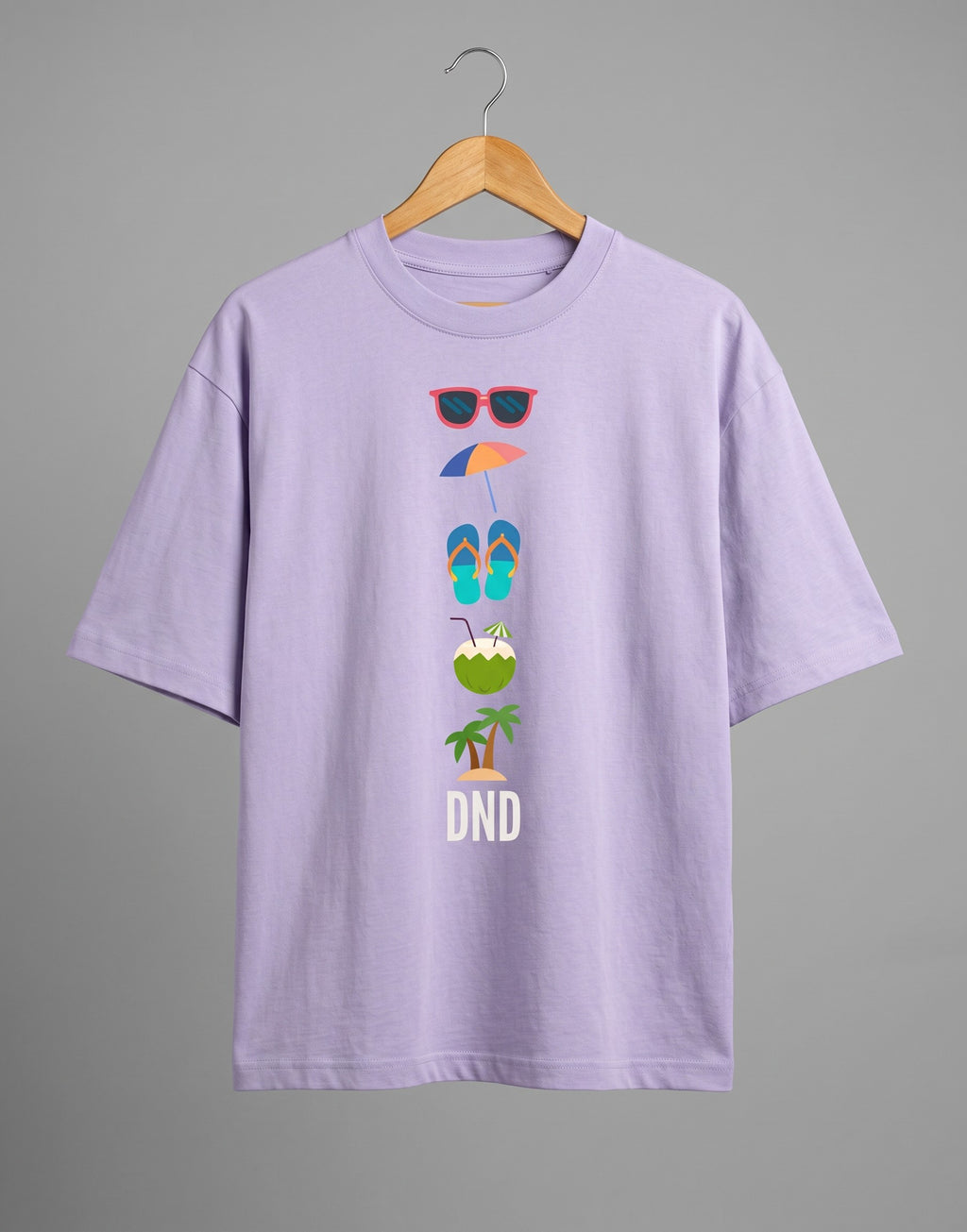 Tribe Neo 91 lavender oversized cotton t-shirt with a vertical beach icon graphic and DND slogan on a hanger.