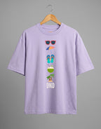 Tribe Neo 91 lavender oversized cotton t-shirt with a vertical beach icon graphic and DND slogan on a hanger.