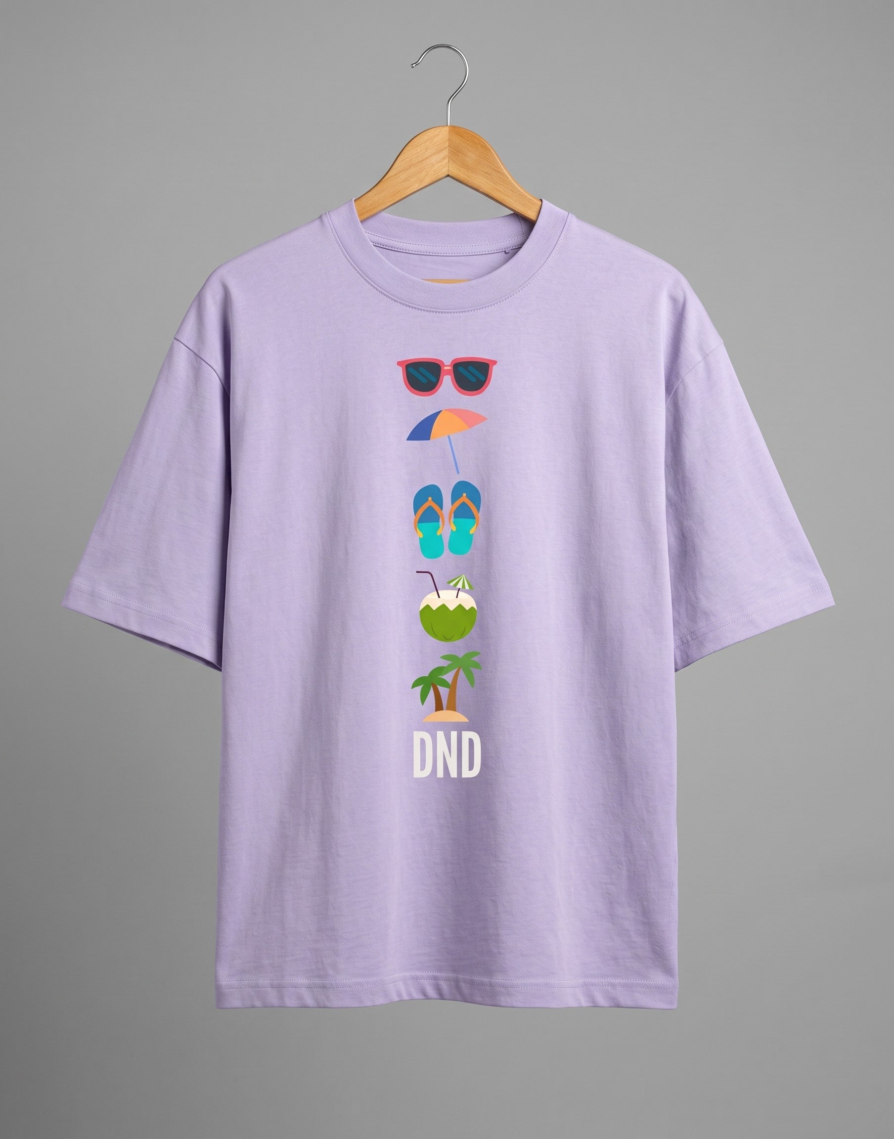 Tribe Neo 91 lavender oversized cotton t-shirt with a vertical beach icon graphic and DND slogan on a hanger.