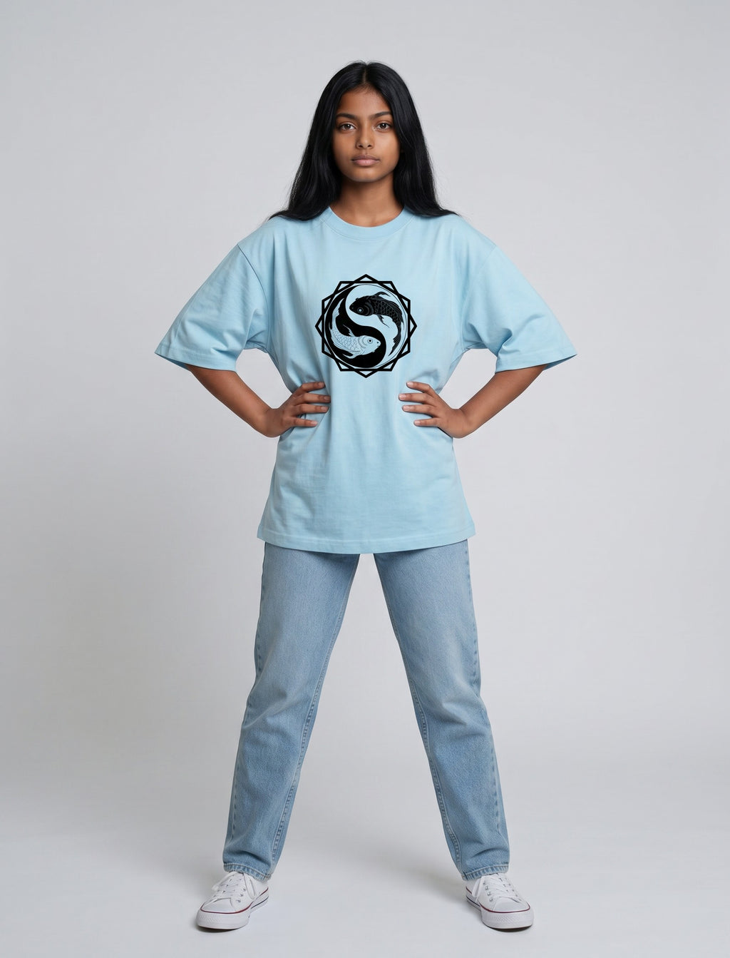 Tribe Neo 91 light blue oversized cotton t-shirt with a black and white koi fish yin yang graphic on the chest.