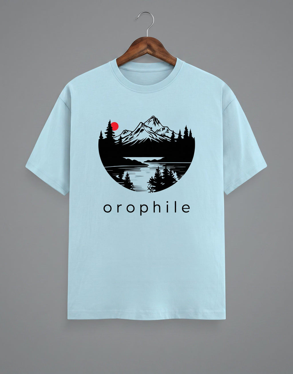 Tribe Neo 91 light blue cotton crew neck t-shirt featuring a circular mountain landscape graphic with a red sun.