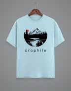 Tribe Neo 91 light blue cotton crew neck t-shirt featuring a circular mountain landscape graphic with a red sun.