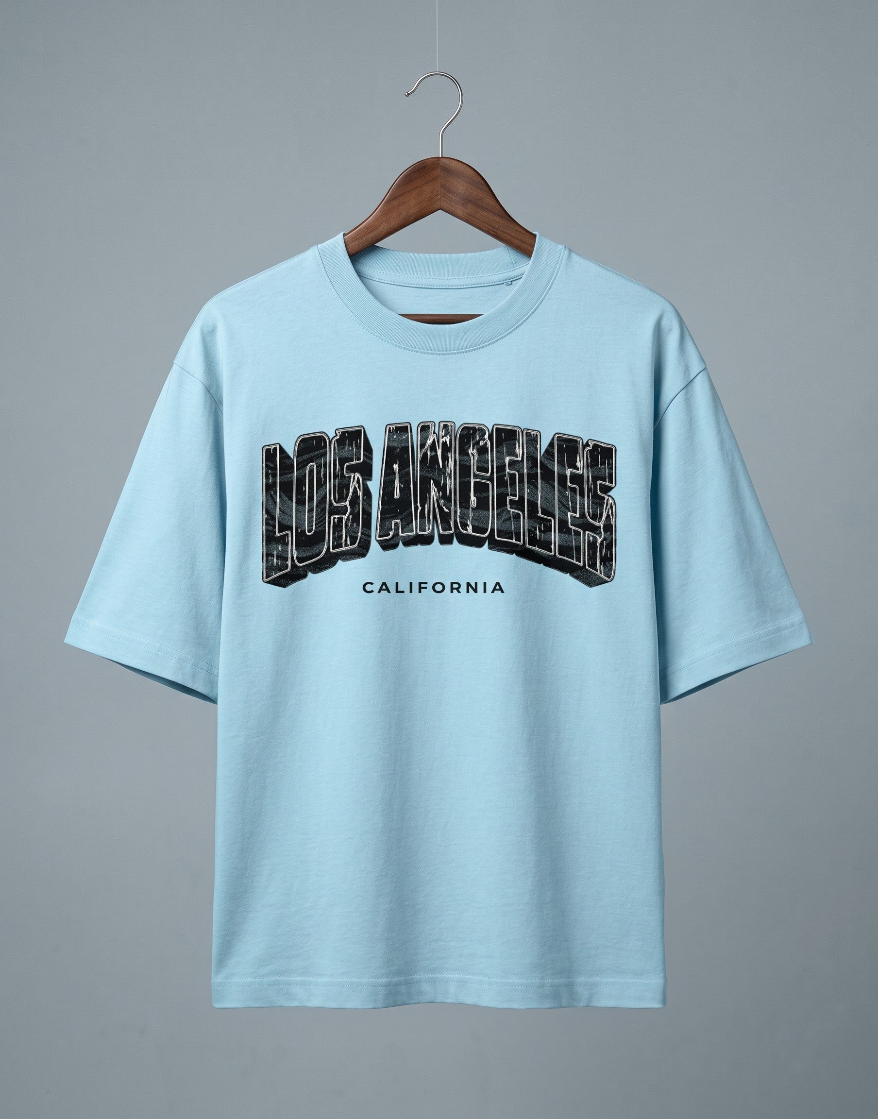 Tribe Neo 91 light blue oversized cotton t-shirt with distressed Los Angeles California cityscape graphic print.