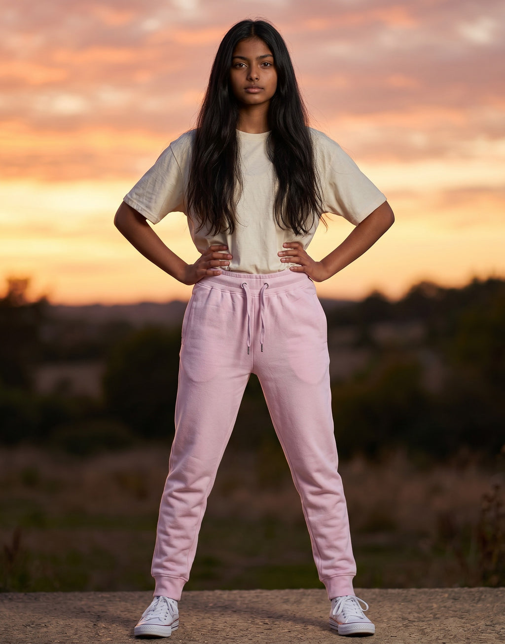 A model wearing Tribe Neo 91 light baby pink cotton fleece joggers with ribbed cuffs and a drawstring waist at sunset
