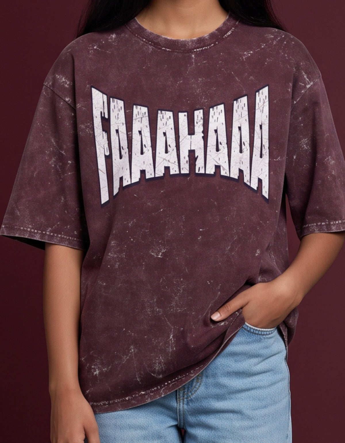 Tribe Neo 91 oversized maroon acid wash cotton t-shirt with distressed FAAAHAAA graphic worn by a young woman