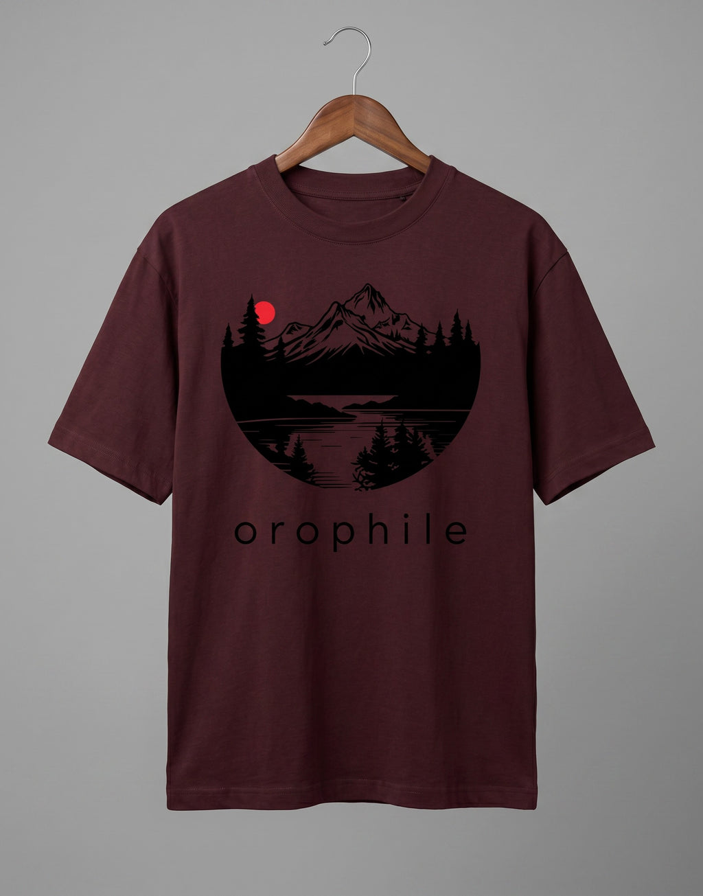 Tribe Neo 91 maroon oversized cotton t-shirt with a circular mountain landscape graphic and orophile text print.