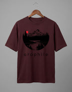 Tribe Neo 91 maroon oversized cotton t-shirt with a circular mountain landscape graphic and orophile text print.