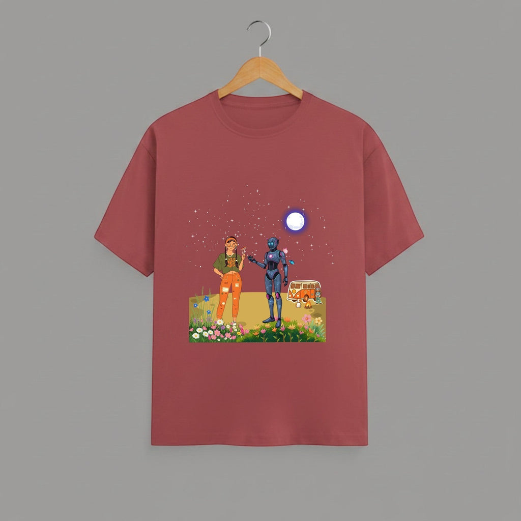 Tribe Neo 91 unisex maroon cotton t-shirt featuring a whimsical robot and girl graphic print on a hanger