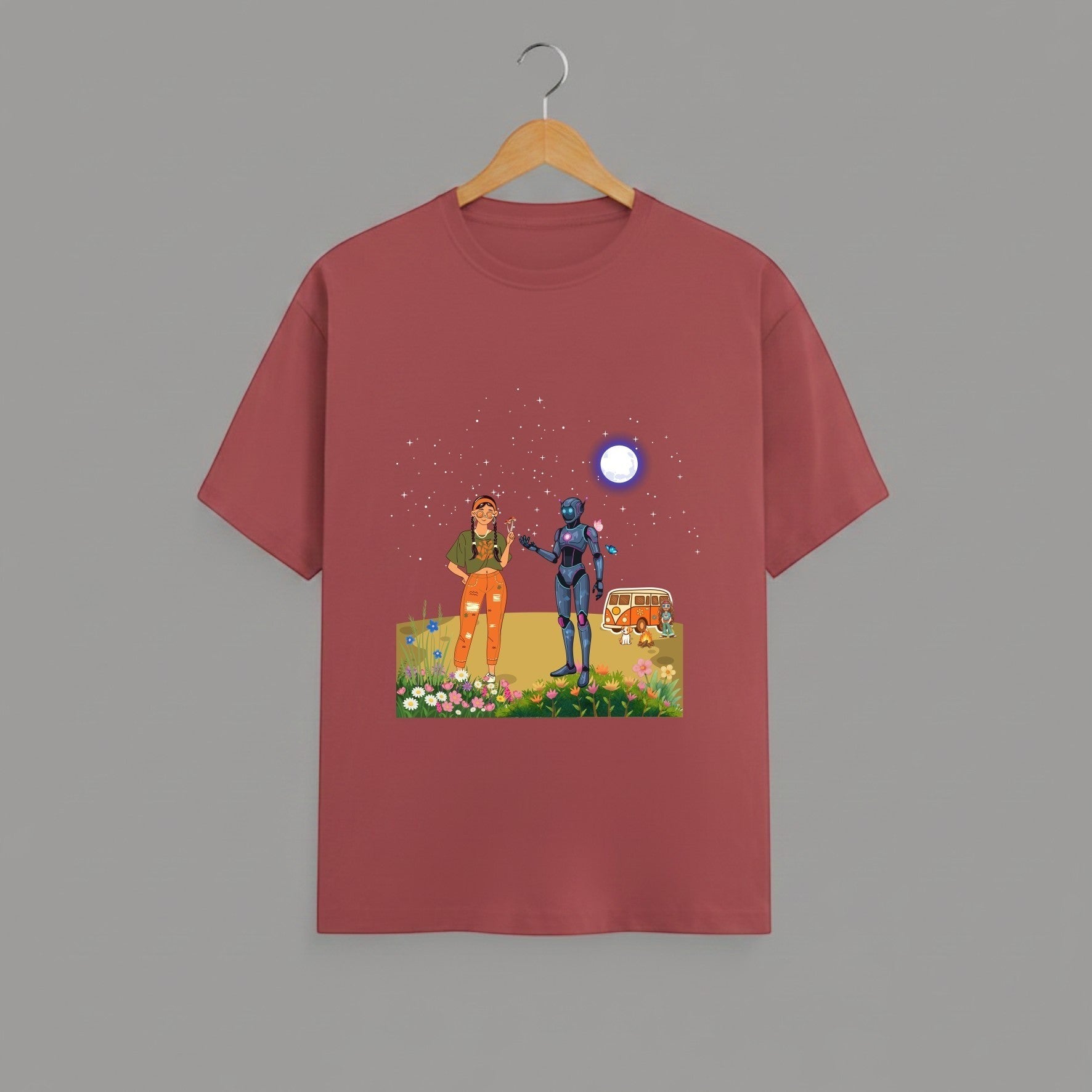 Tribe Neo 91 unisex maroon cotton t-shirt featuring a whimsical robot and girl graphic print on a hanger