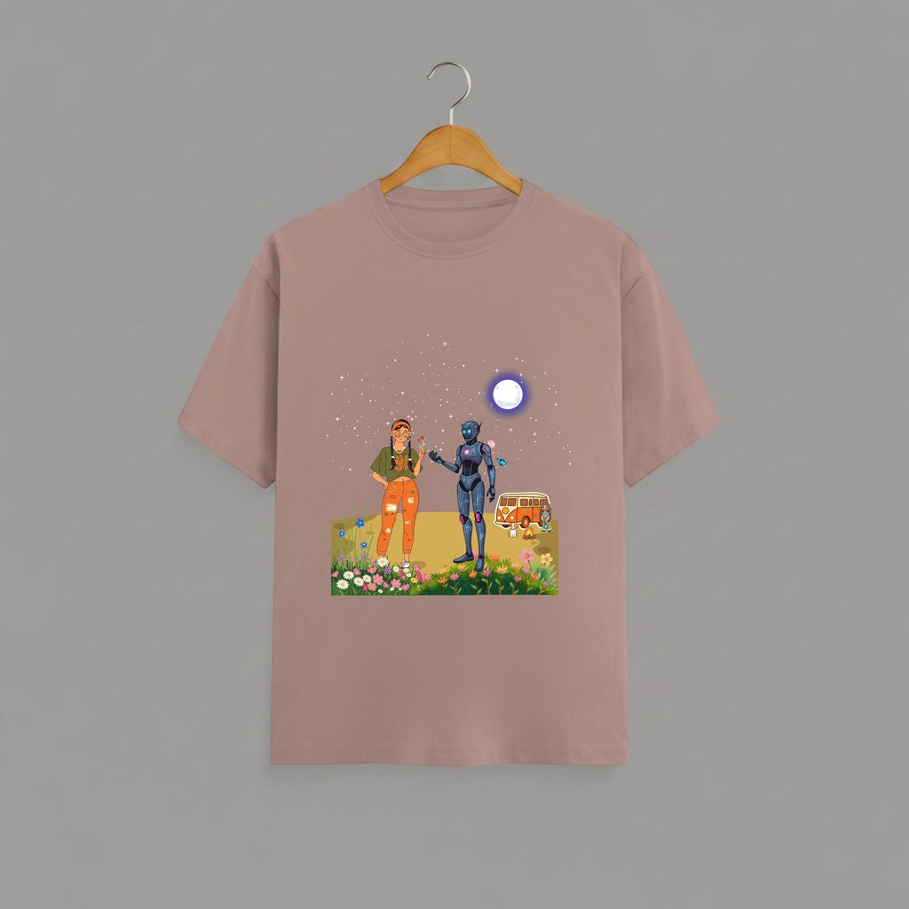 Tribe Neo 91 mauve cotton unisex t-shirt featuring a whimsical robot and human graphic print on a wooden hanger
