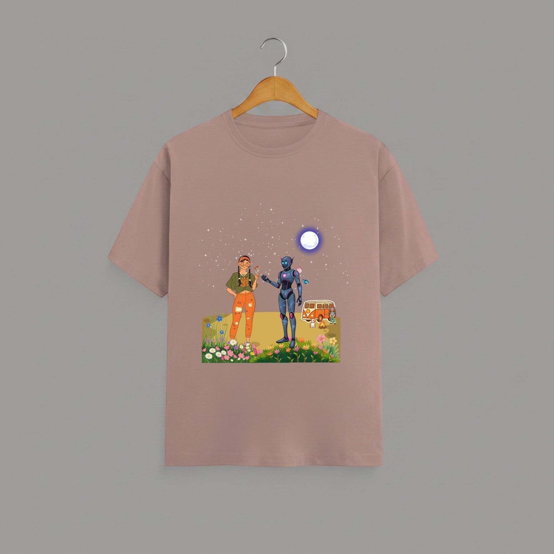 Tribe Neo 91 mauve cotton unisex t-shirt featuring a whimsical robot and human graphic print on a wooden hanger