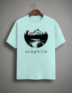 Tribe Neo 91 mint green cotton crew neck t-shirt featuring a circular mountain landscape graphic and orophile text.