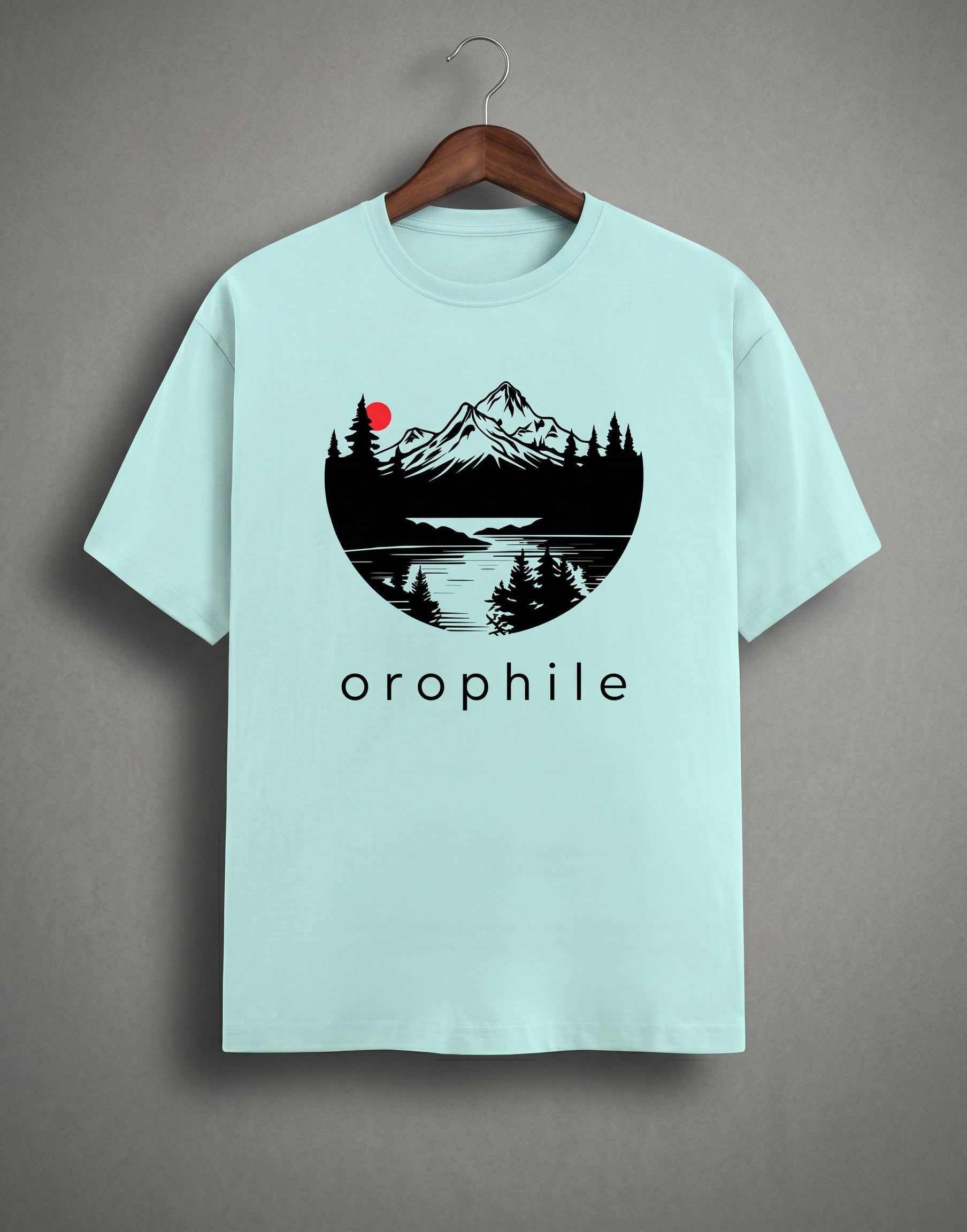 Tribe Neo 91 mint green cotton crew neck t-shirt featuring a circular mountain landscape graphic and orophile text.
