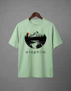 Tribe Neo 91 mint green cotton crew neck t-shirt with a circular mountain landscape graphic and orophile text.
