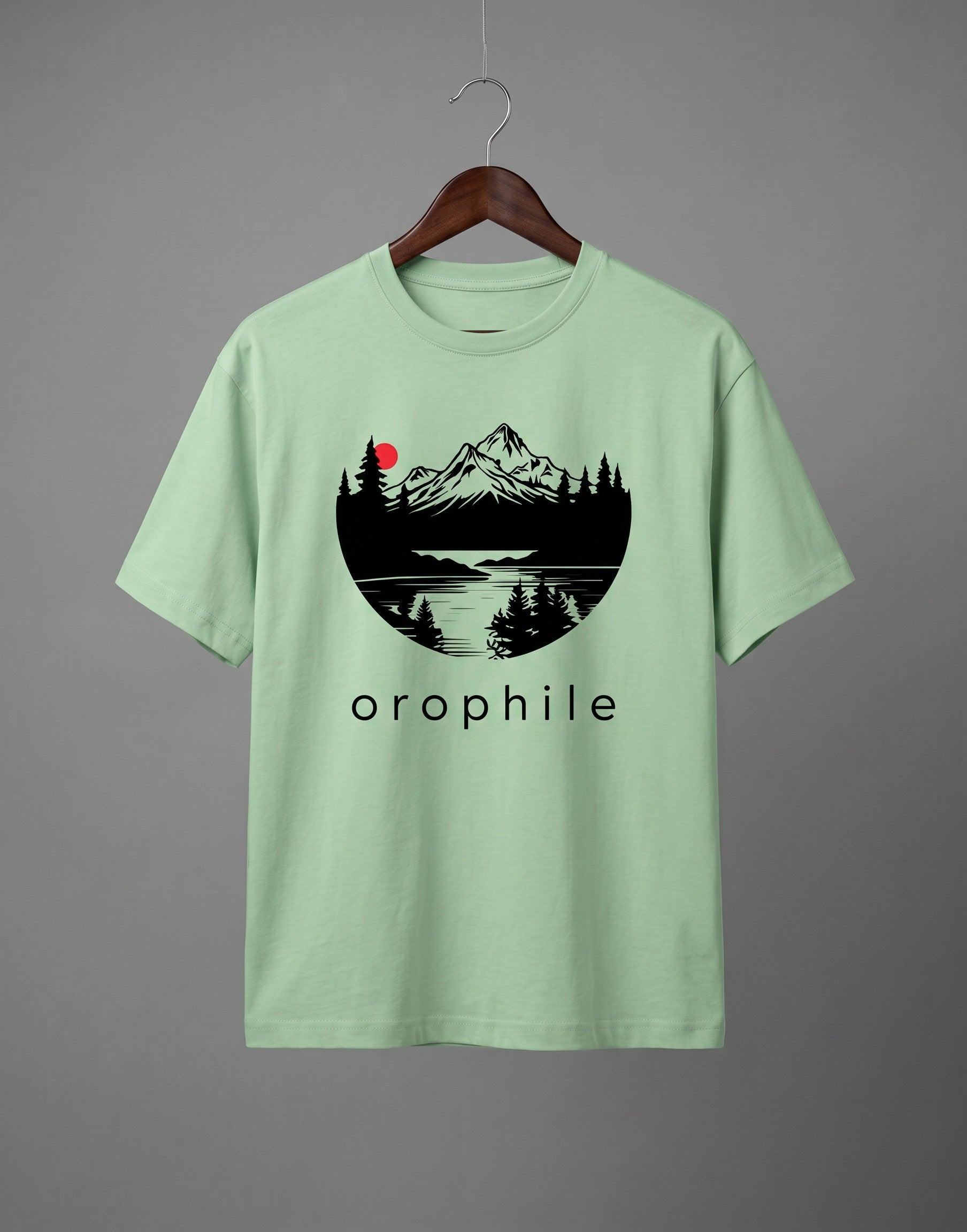Tribe Neo 91 mint green cotton crew neck t-shirt with a circular mountain landscape graphic and orophile text.