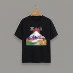 Tribe Neo 91 black cotton t-shirt featuring a Mount Fuji graphic with cherry blossoms and a bullet train.
