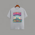 Mumbai Meri Jaan graphic t-shirt with bold MUMBAI lettering, GREY vibrant skyline artwork, Gateway of India and Bandra-Worli Sea Link city landmarks, unisex classic crew fit, soft 180 GSM cotton tee