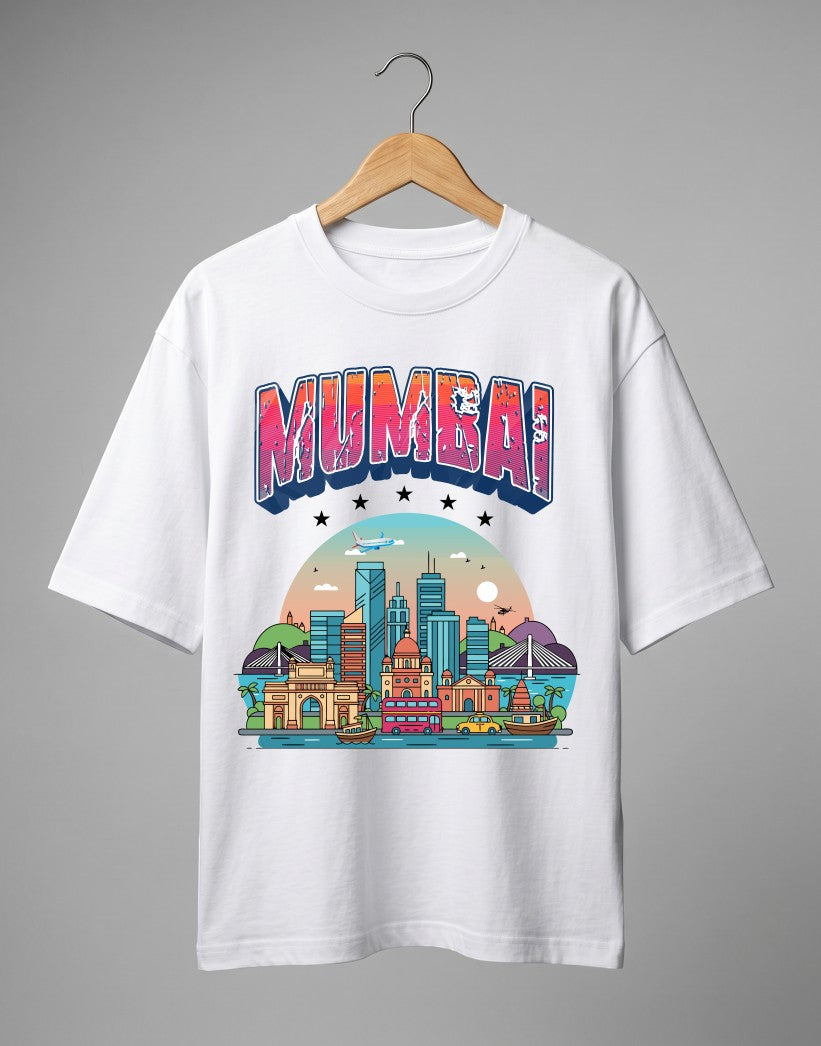 Tribe Neo 91 white oversized cotton t-shirt featuring a vibrant Mumbai skyline graphic with sunset gradient and text.