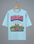 Tribe Neo 91 light blue oversized cotton t-shirt featuring a vibrant Mumbai skyline graphic and collegiate lettering.