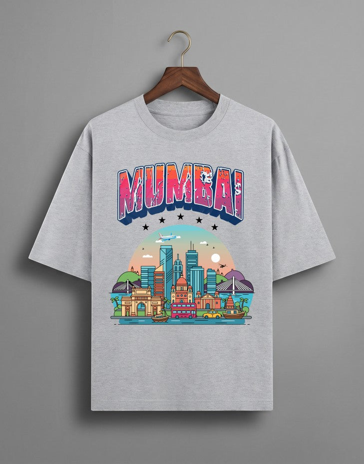 Tribe Neo 91 grey oversized cotton t-shirt featuring a vibrant Mumbai skyline graphic with iconic city landmarks.