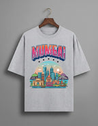 Tribe Neo 91 grey oversized cotton t-shirt featuring a vibrant Mumbai skyline graphic with iconic city landmarks.