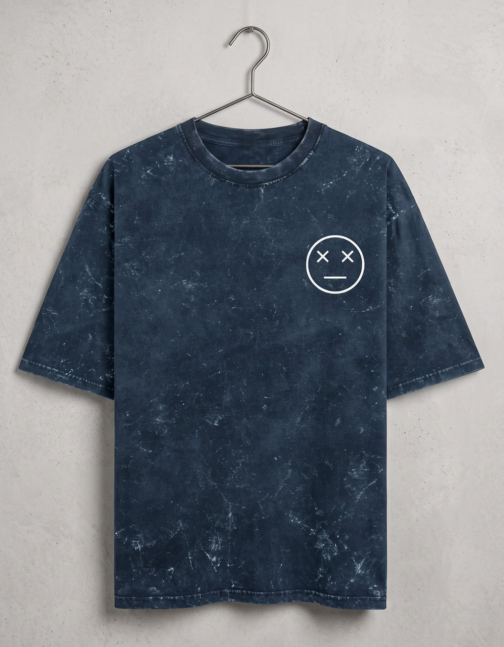 Tribe Neo 91 navy blue acid wash oversized cotton t-shirt with a white dead face emoji graphic on the left chest.