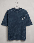 Tribe Neo 91 navy blue acid wash oversized cotton t-shirt with a white dead face emoji graphic on the left chest.