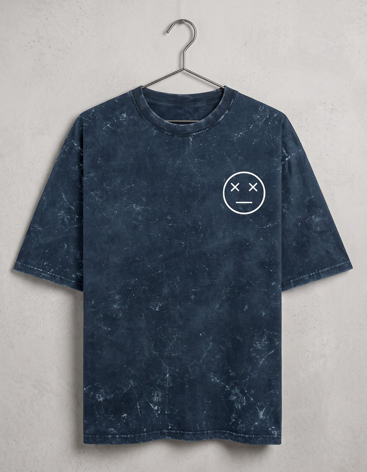 Tribe Neo 91 navy blue acid wash oversized cotton t-shirt with a white dead face emoji graphic on the left chest.