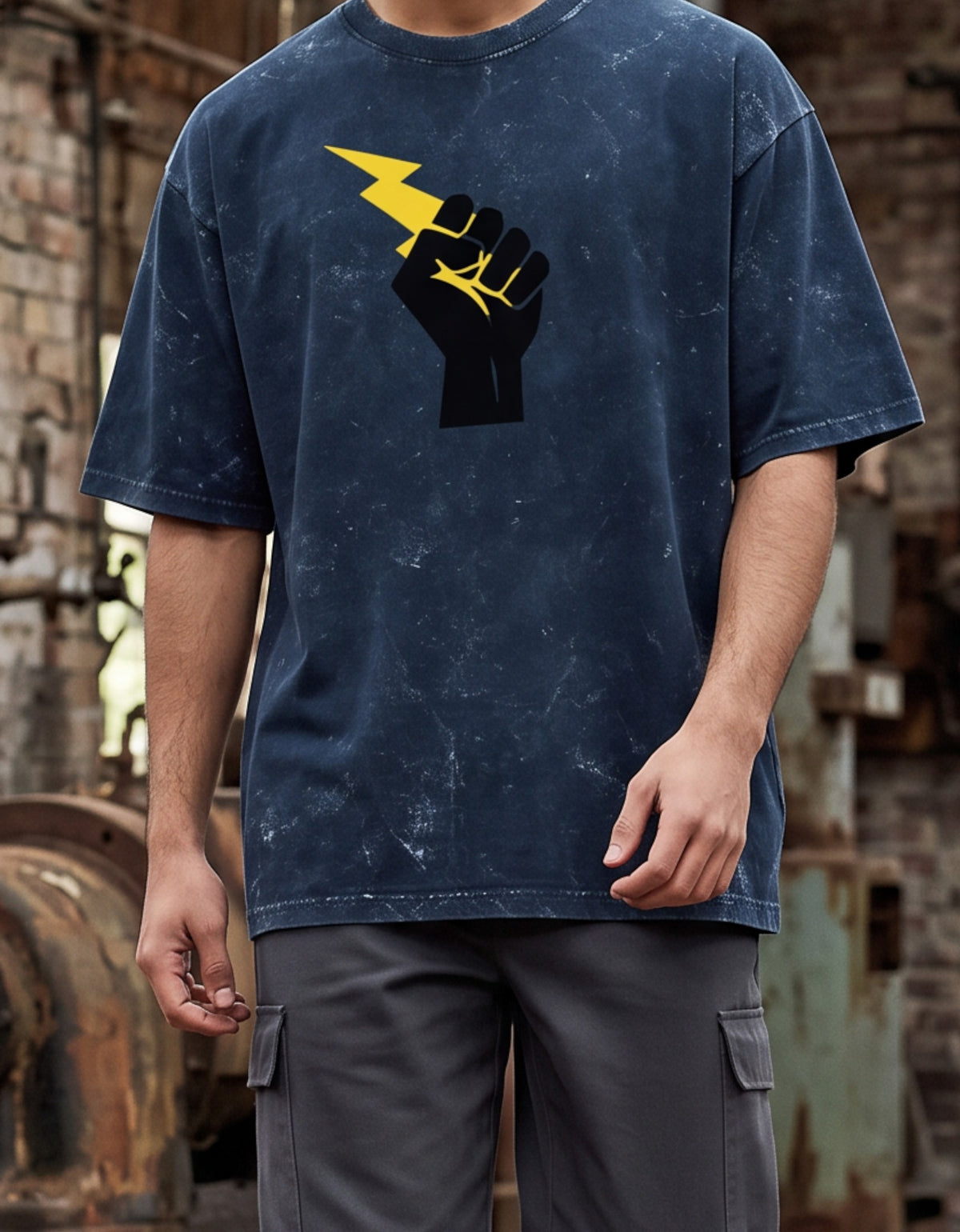 Tribe Neo 91 navy blue acid wash oversized cotton t-shirt featuring a black fist and yellow lightning bolt graphic