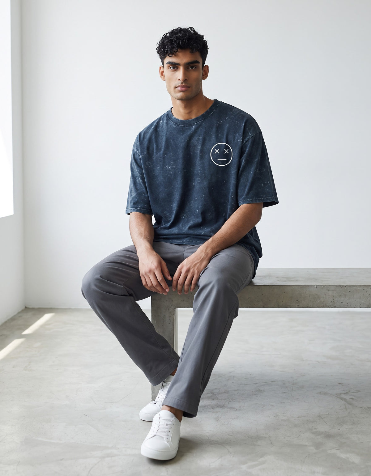 Tribe Neo 91 navy blue acid wash oversized cotton t-shirt with a minimalist XX dead face emoji on the chest