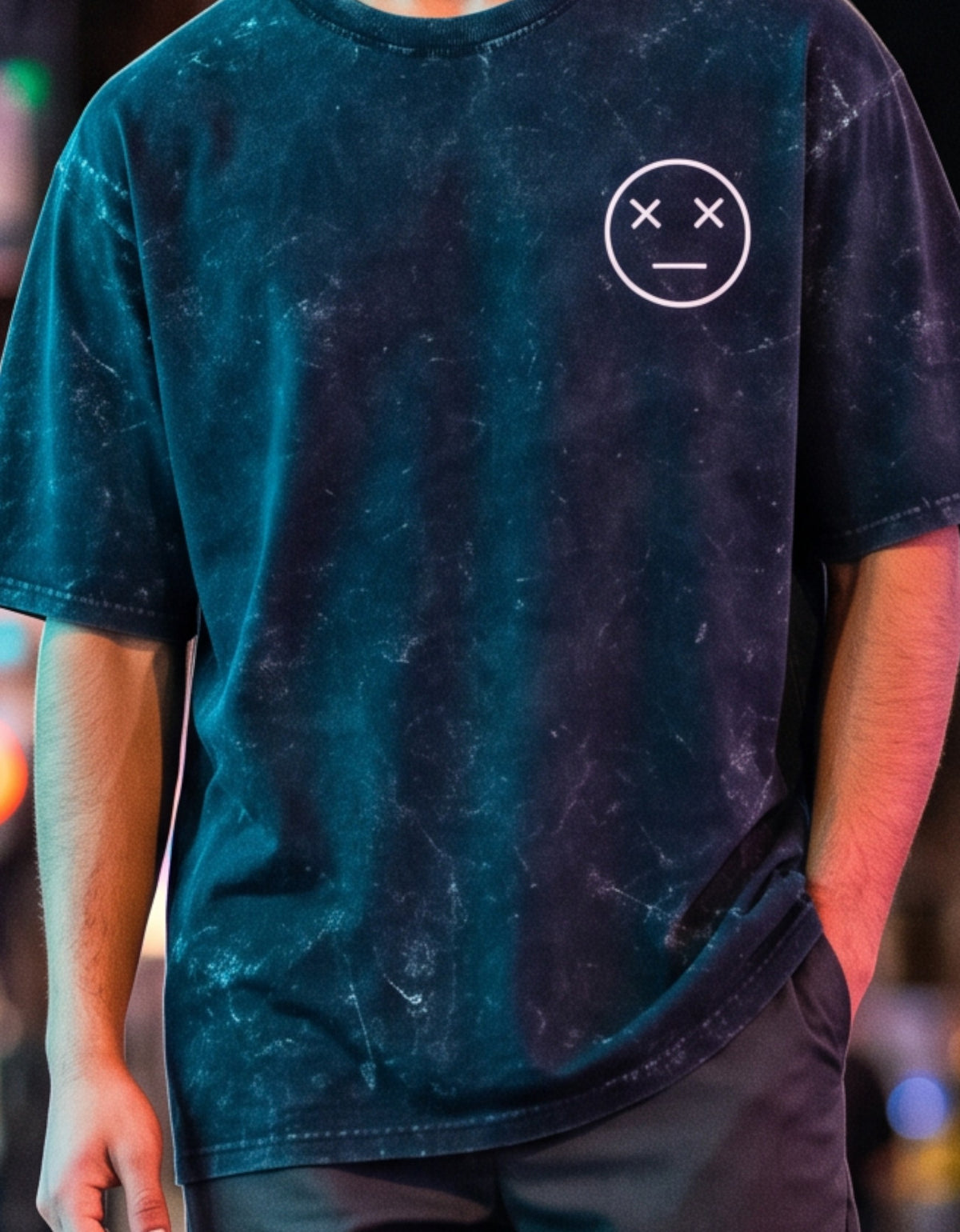 Tribe Neo 91 navy blue acid wash oversized cotton t-shirt with a small XX dead face emoji print on the chest.