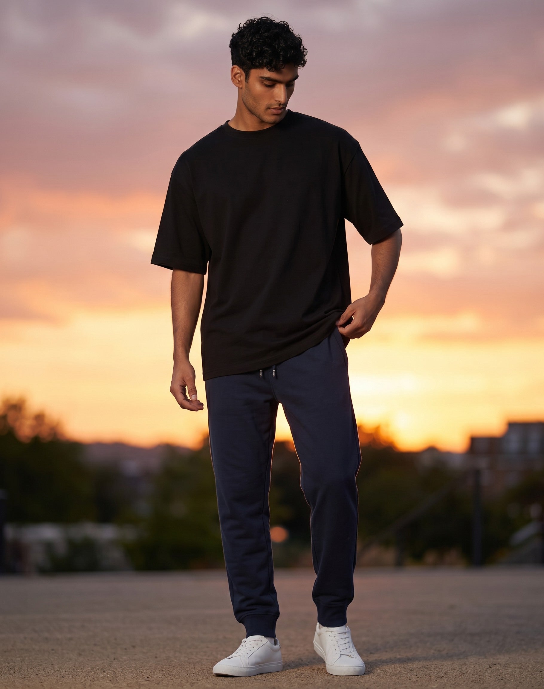 A man wearing Tribe Neo 91 navy blue cotton fleece joggers with a black t-shirt at sunset.