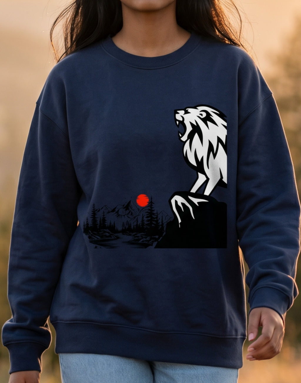 Tribe Neo 91 navy blue oversized sweatshirt with a roaring lion and Japanese wilderness graphic on a woman outdoors.