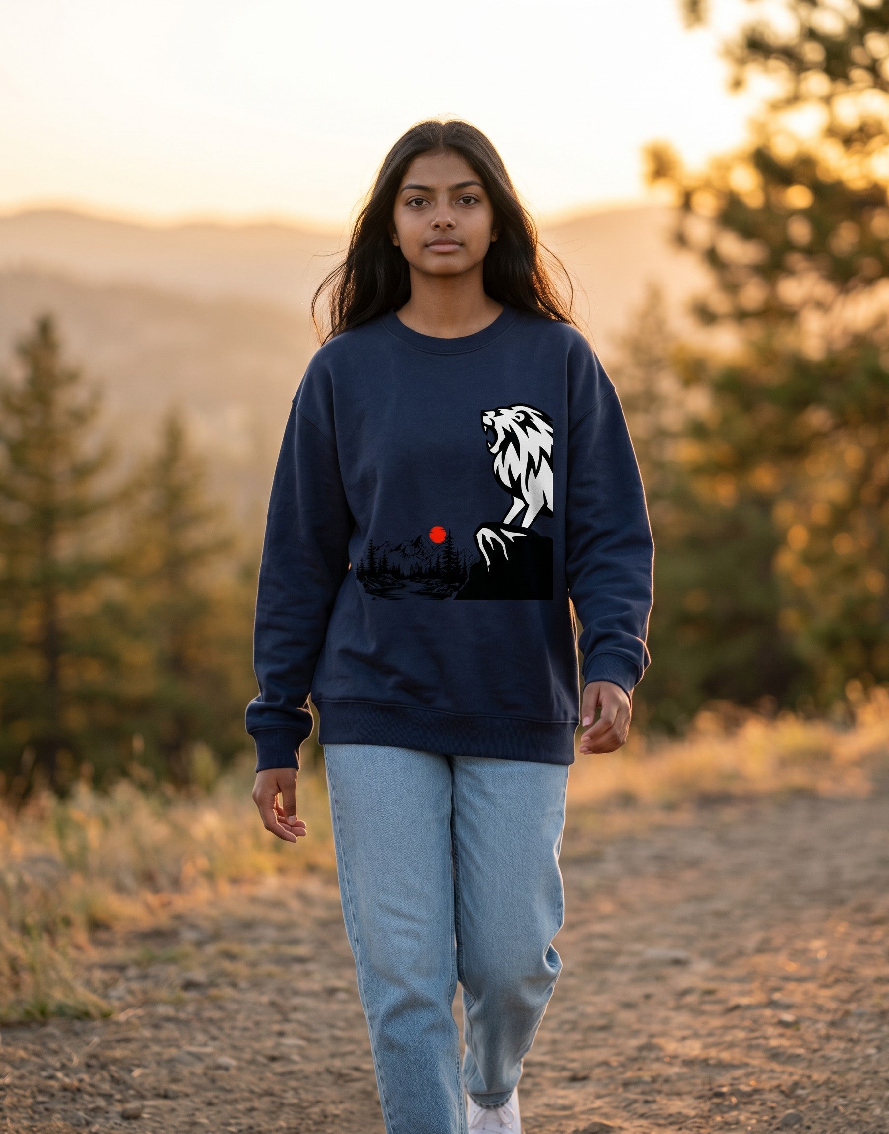 Tribe Neo 91 navy blue oversized sweatshirt featuring a roaring lion and Japanese wilderness graphic with a red sun.