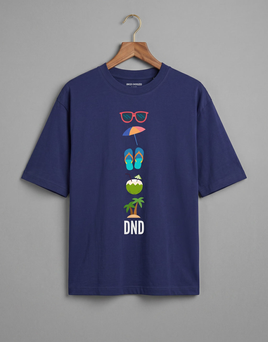 Tribe Neo 91 navy blue heavyweight cotton oversized t-shirt with a colourful vertical beach icon graphic print.