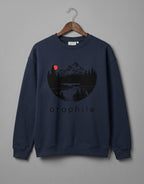 Tribe Neo 91 navy blue oversized fleece sweatshirt with a circular mountain landscape graphic and red sun accent.