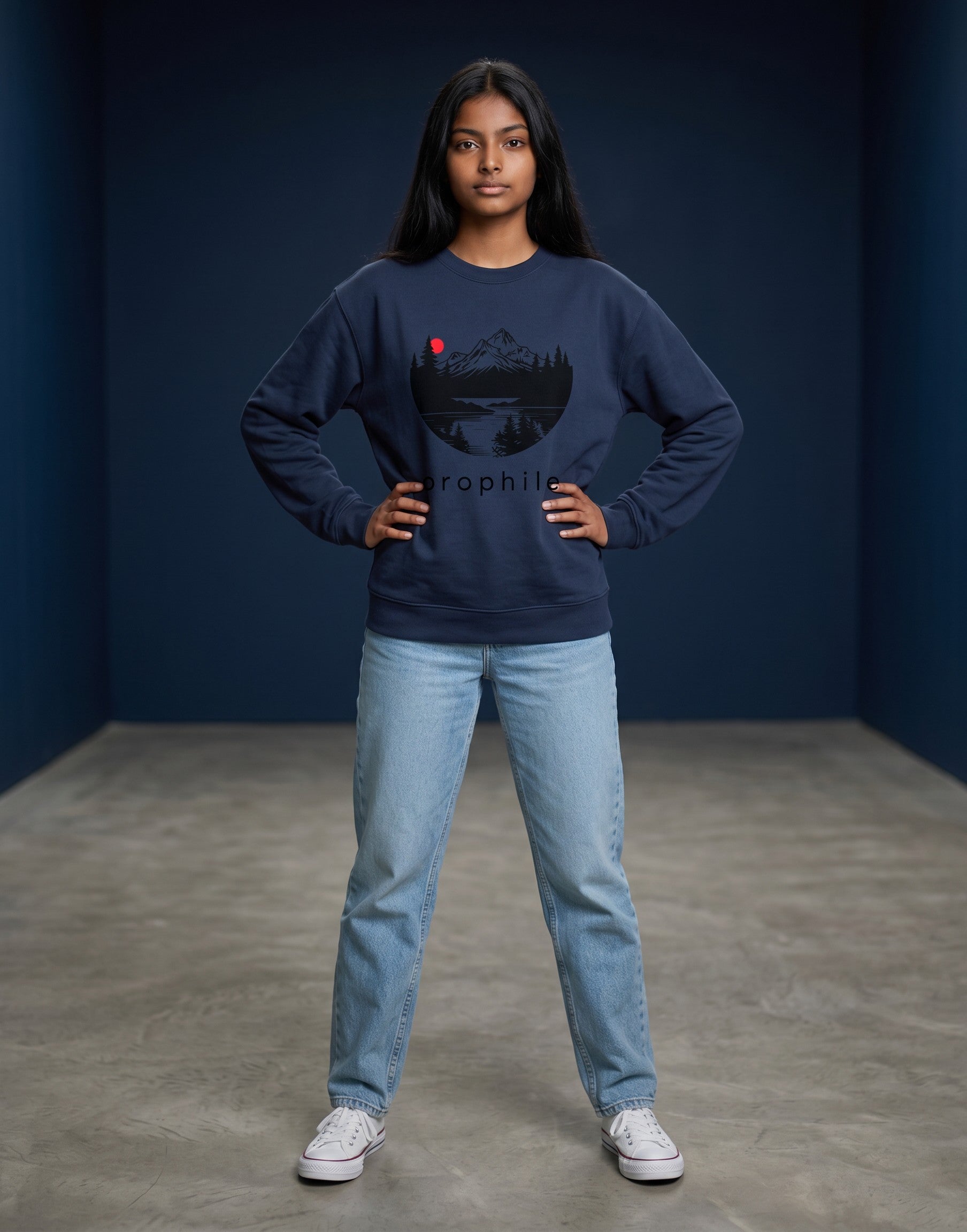 Tribe Neo 91 navy blue oversized sweatshirt with a circular mountain landscape graphic and red sun on a model