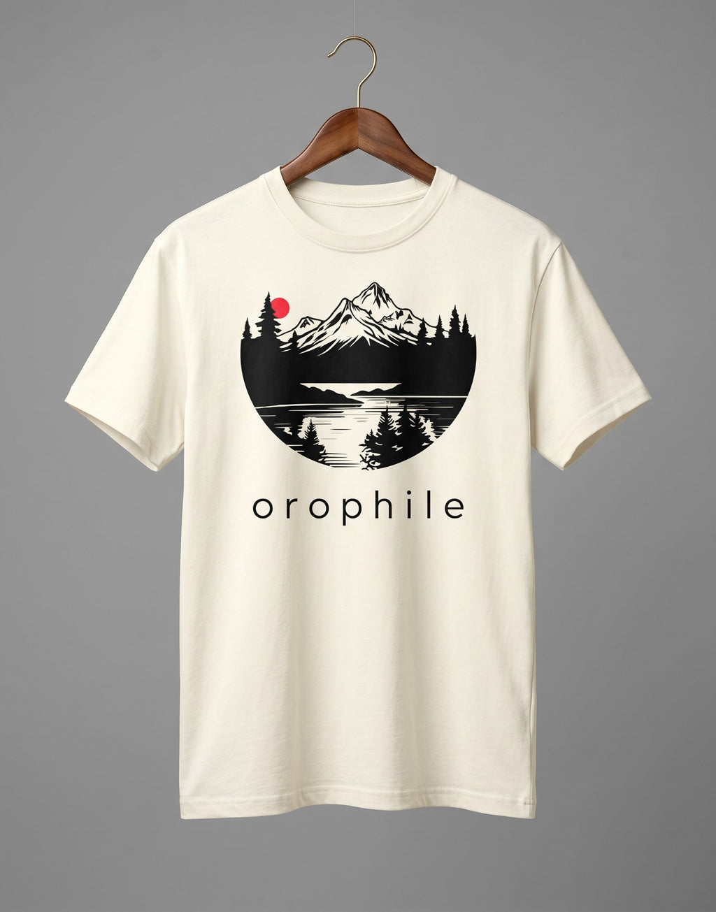 Tribe Neo 91 off-white cotton crew neck t-shirt featuring a circular mountain landscape graphic with a red sun.