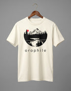Tribe Neo 91 off-white cotton crew neck t-shirt featuring a circular mountain landscape graphic with a red sun.