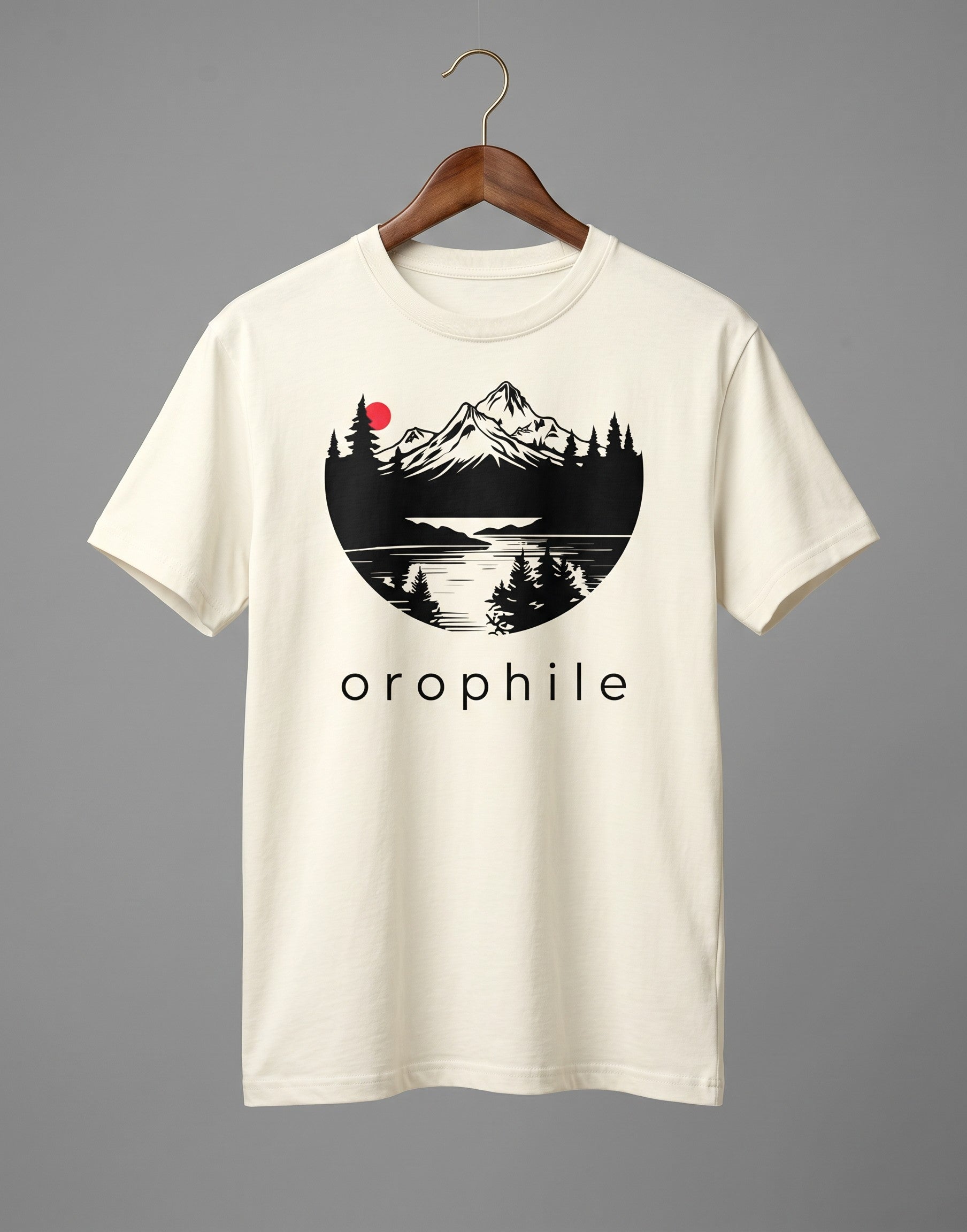 Tribe Neo 91 off-white cotton crew neck t-shirt featuring a circular mountain landscape graphic with a red sun.