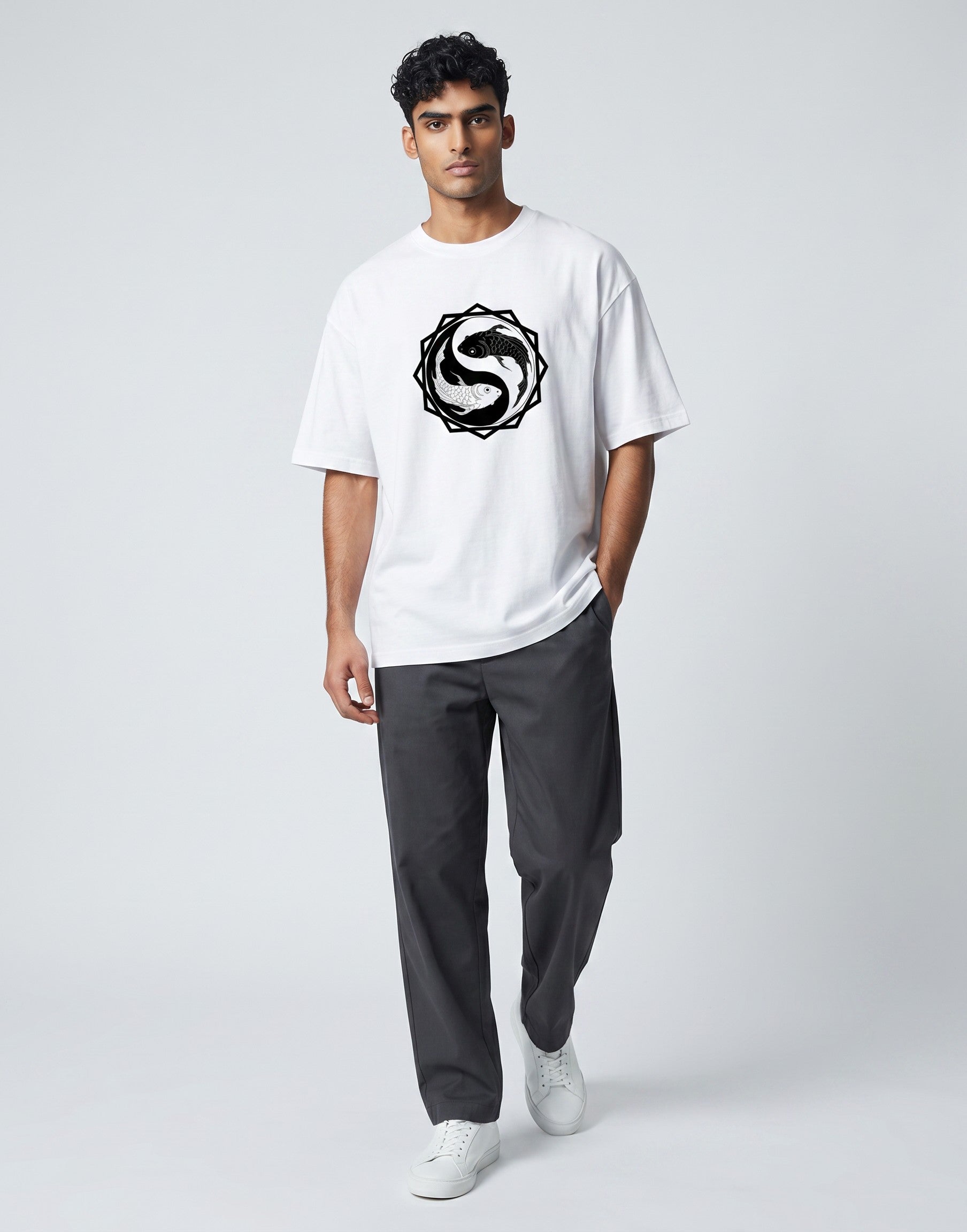 Tribe Neo 91 white oversized cotton t-shirt with a black and white koi fish yin yang graphic on a male model