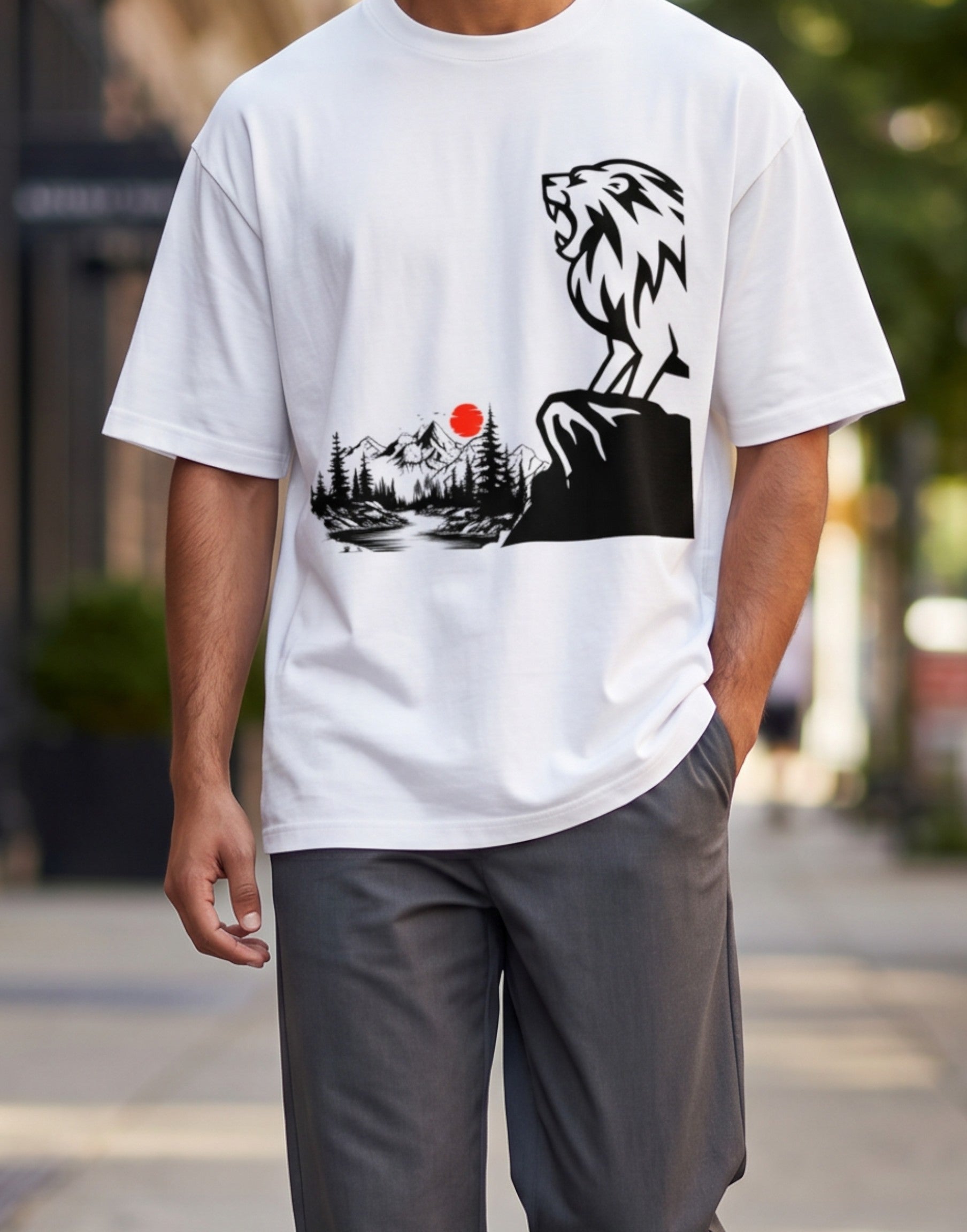 Tribe Neo 91 white oversized cotton t-shirt with a roaring lion and Japanese wilderness graphic on a man walking.