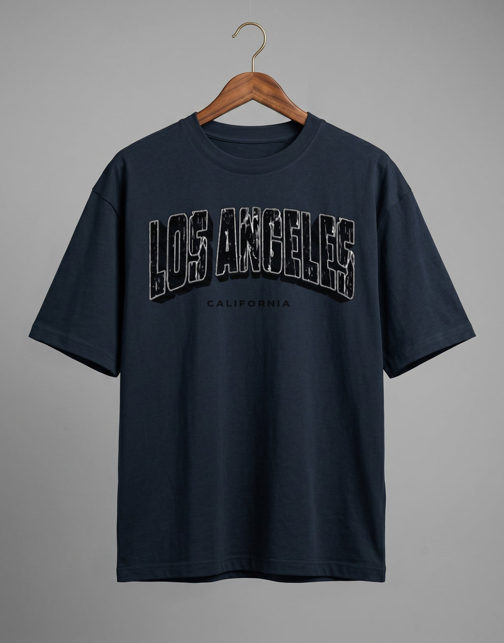 Tribe Neo 91 navy blue heavyweight cotton oversized t-shirt with distressed Los Angeles collegiate graphic print