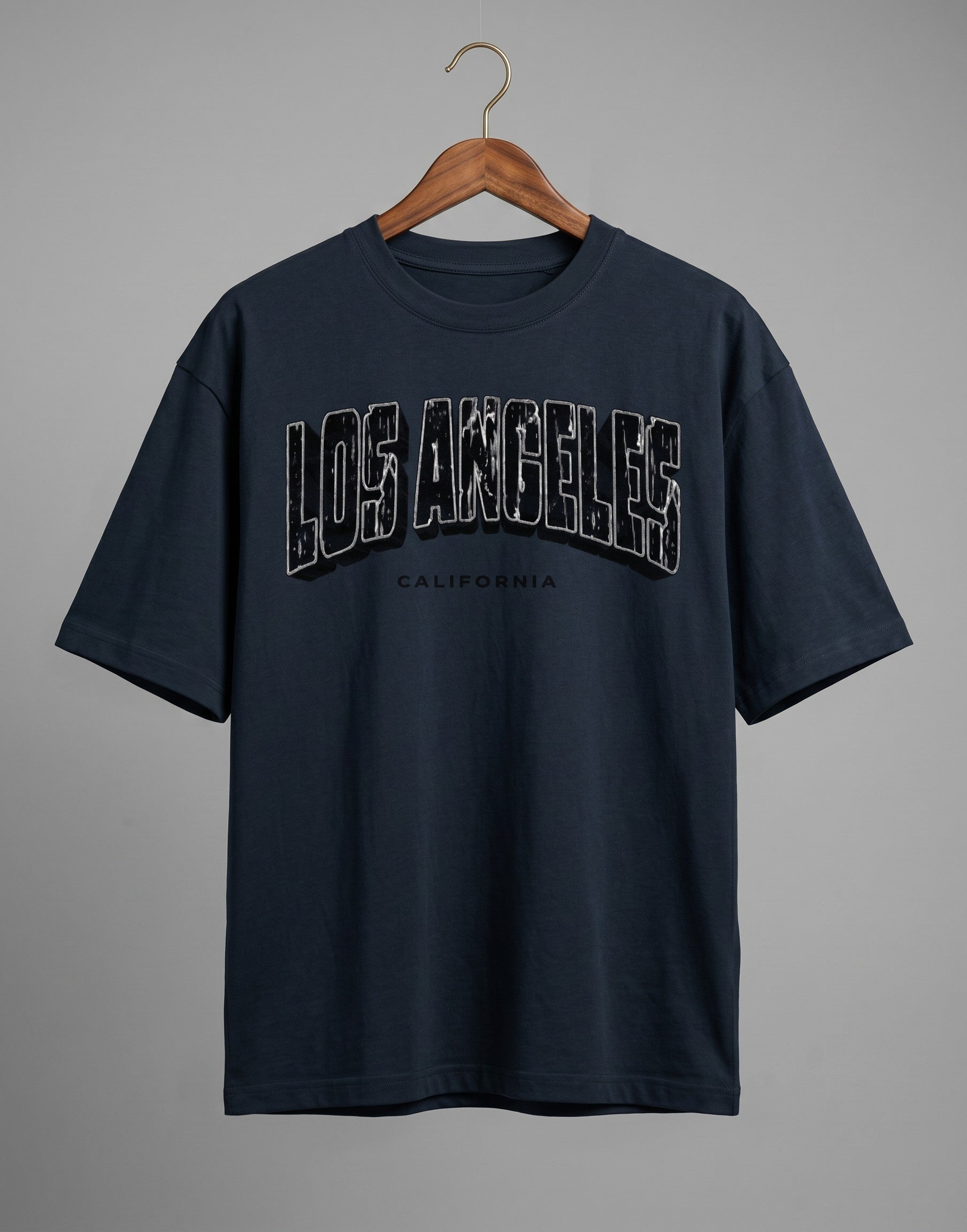 Tribe Neo 91 navy blue heavyweight cotton oversized t-shirt with distressed Los Angeles collegiate graphic print