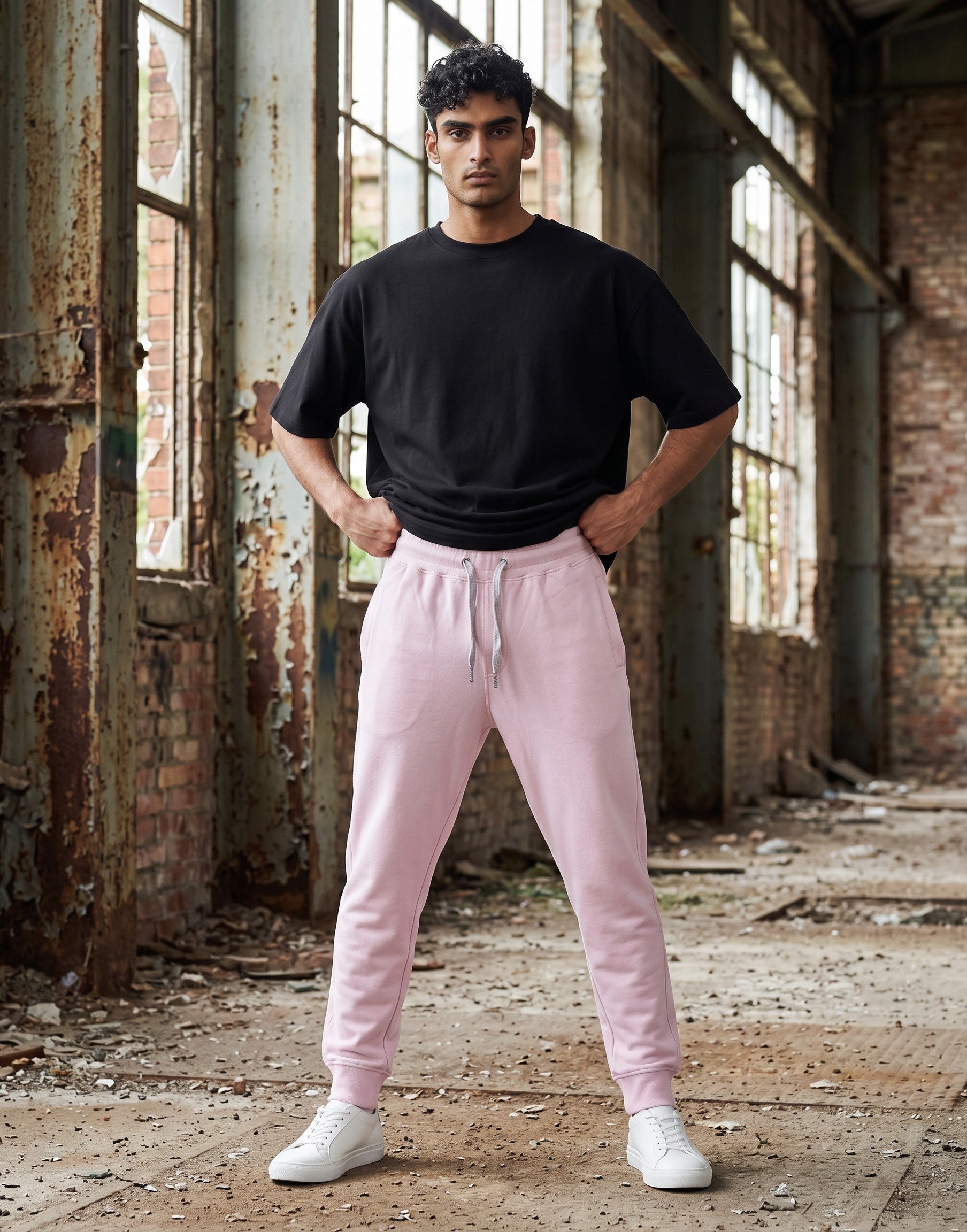 Tribe Neo 91 unisex light baby pink cotton fleece joggers with ribbed cuffs and drawstring waist on a male model.